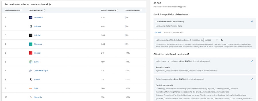 aziende che compongono audience linkedin ads